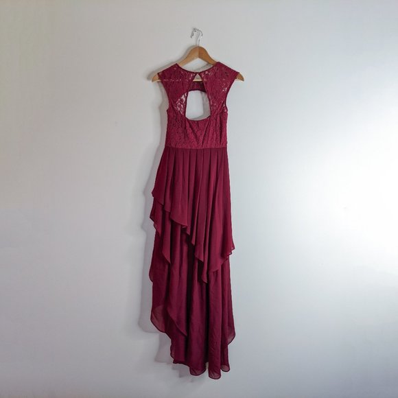Red Lace Ruffle Asymmetric Maxi Dress - Picture 2 of 6